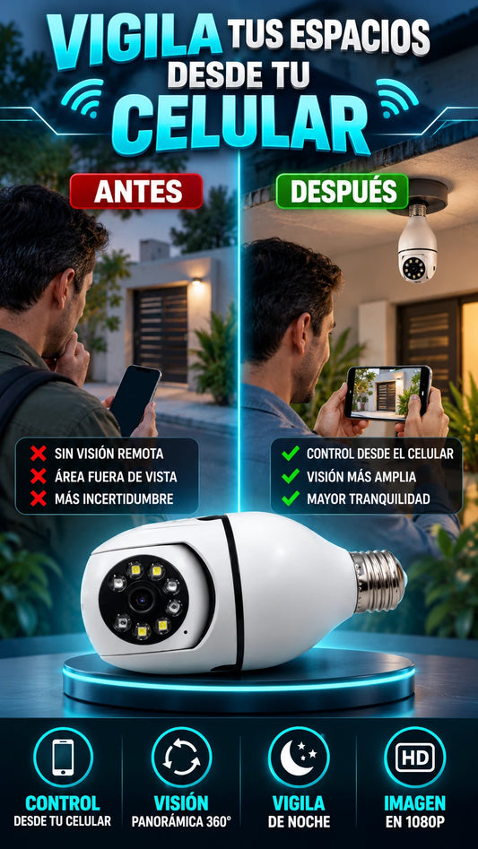 Cámara de Seguridad WiFi tipo Bombilla 1080p 360° — Vigila tus espacios desde el celular
