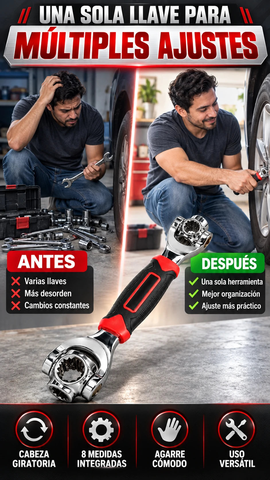 Llave Multifunción con Cabezas Giratorias de 360° — Facilita ajustes en distintos espacios