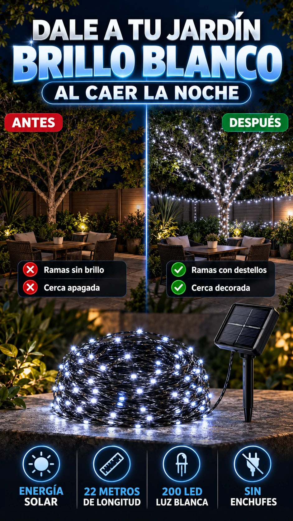 Luces Solares Blancas de 22 Metros y 200 LED — Dale brillo a tus noches