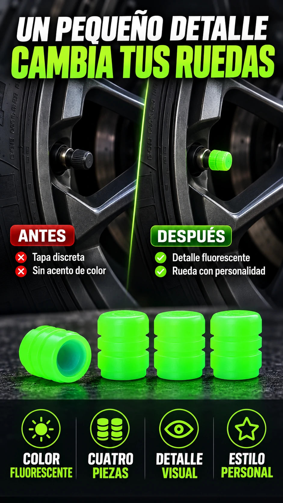 Tapas Fluorescentes para Válvulas de Llanta — Dale un detalle llamativo a tus ruedas