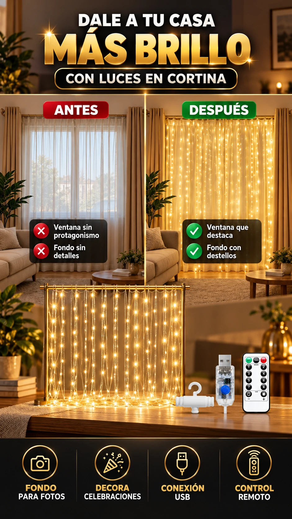 Cortina de Luces LED de 3 × 3 m — Dale brillo a tus espacios