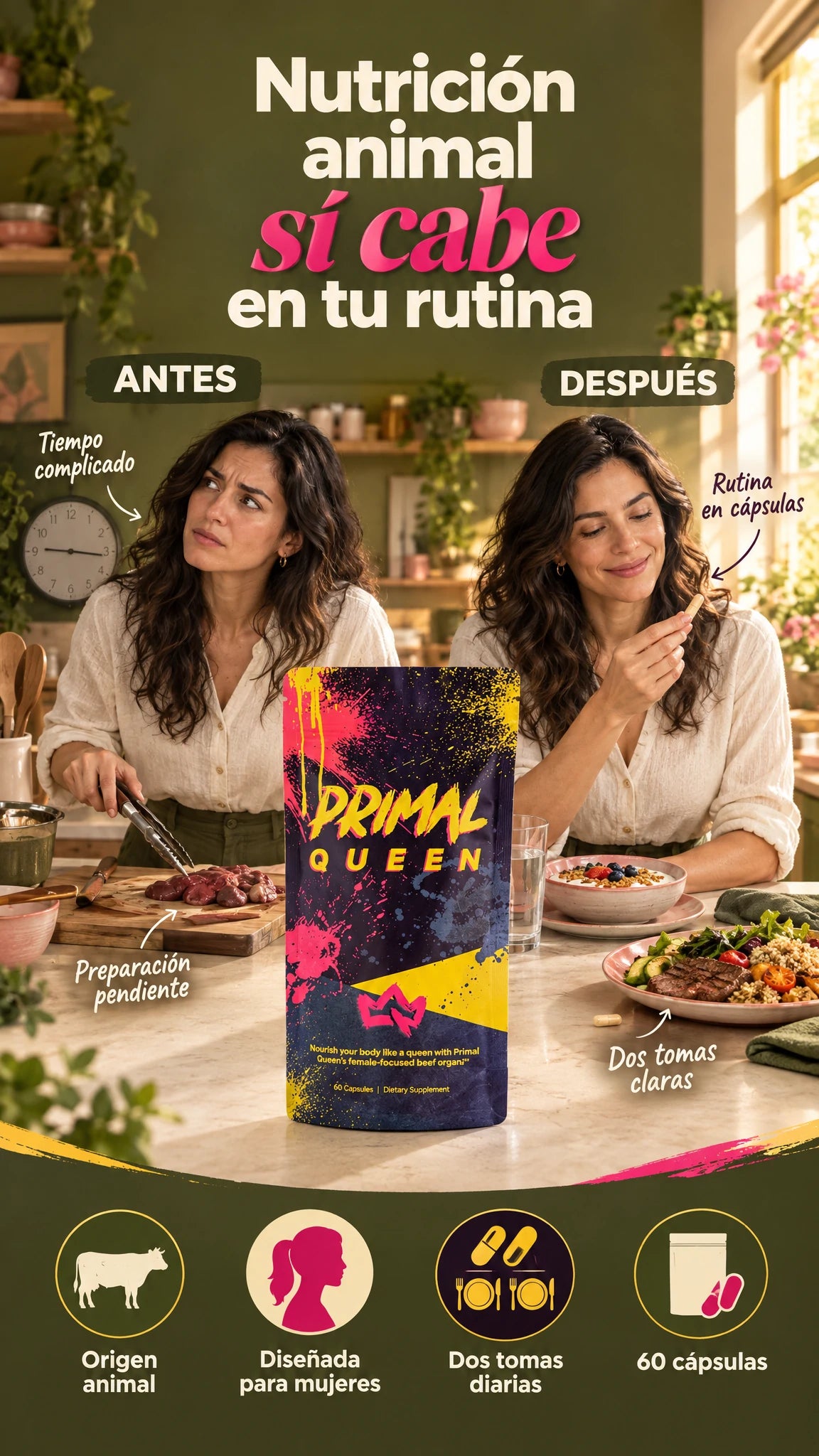 Primal Queen, suplemento femenino de órganos de res — Nutrición animal concentrada que acompaña tu rutina diaria
