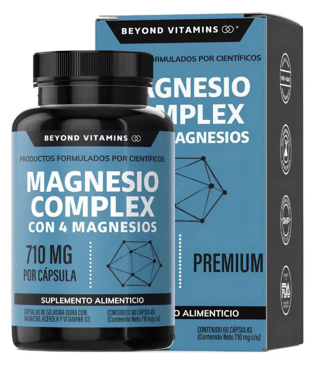 Complejo con 4 magnesios de alta absorción 710 mg | Glicinato de magnesio para nervios, malato para energía, suplemento para apoyar la salud muscular |  60 cápsulas