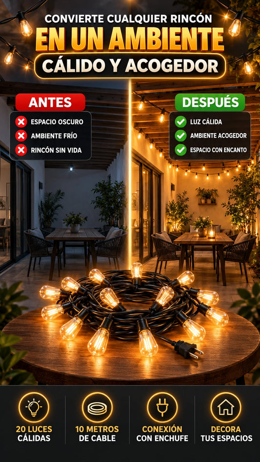 Guirnalda Eléctrica de 10 Metros con 20 Luces Cálidas — Crea ambientes cálidos y acogedores
