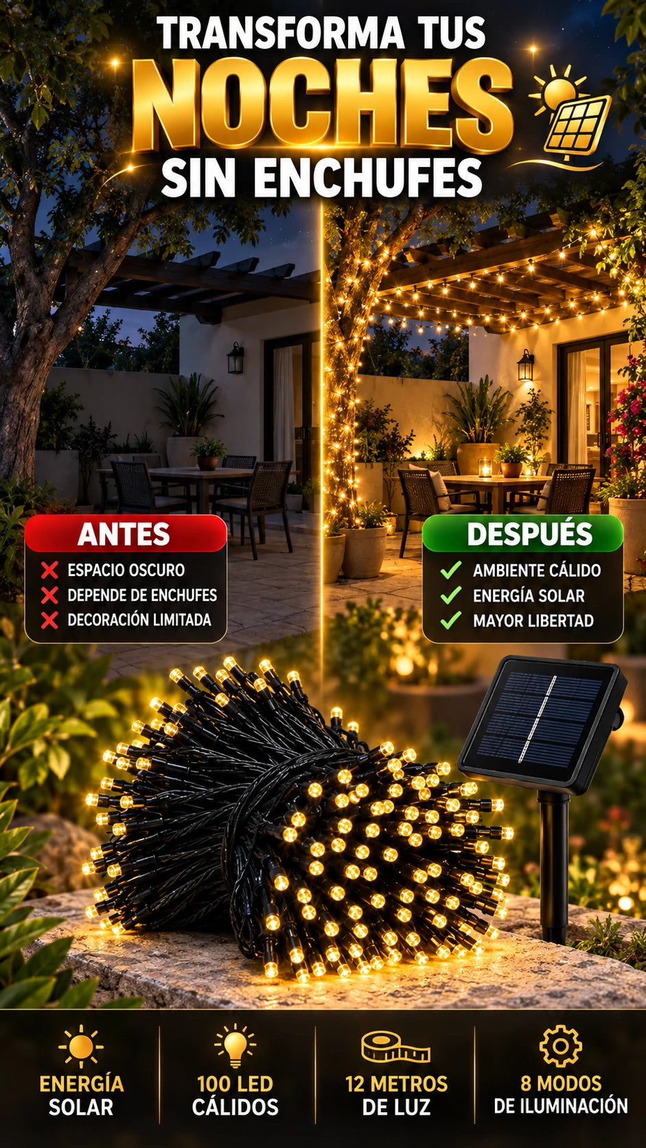 Cadena de Luces Solares de 12 Metros con 100 LED — Decora sin depender de enchufes
