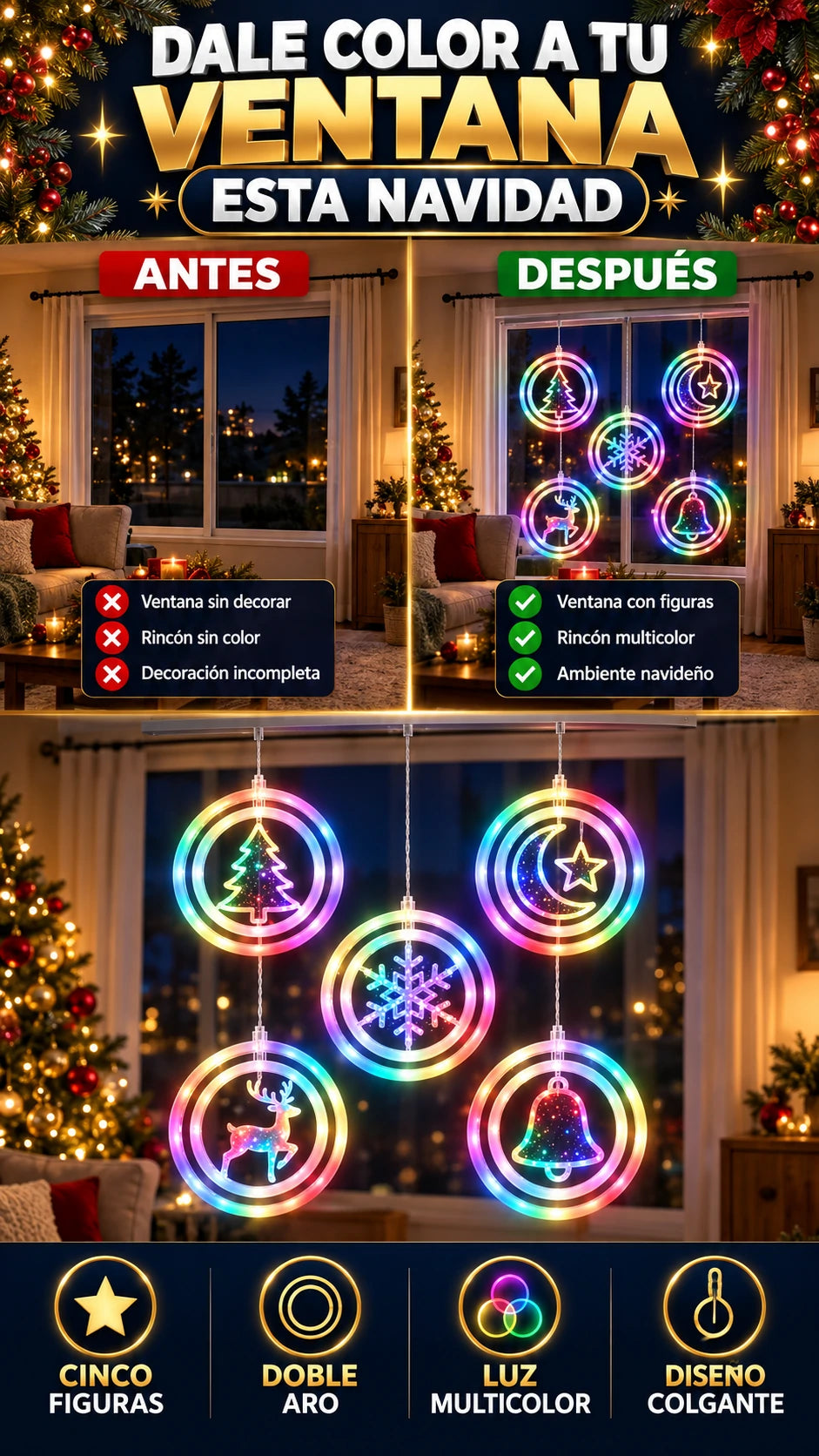 Cortina LED Navideña de 5 Figuras con Doble Aro — Dale color a tu ventana