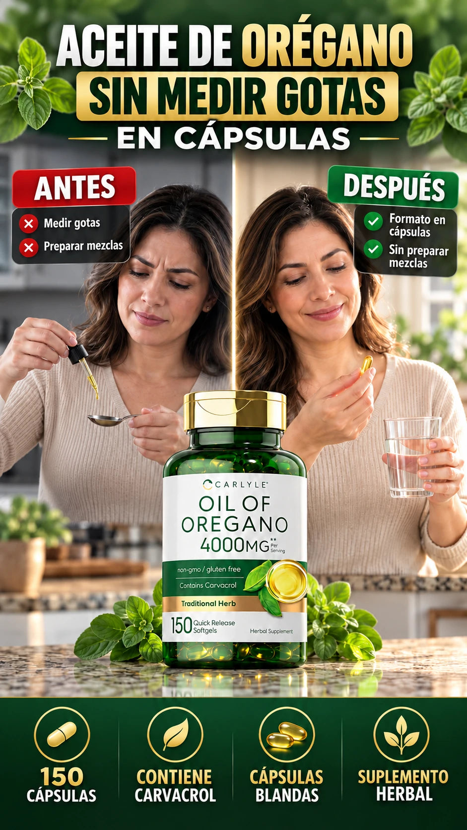 Aceite de Orégano Carlyle en Cápsulas — Incorpora el orégano sin medir gotas