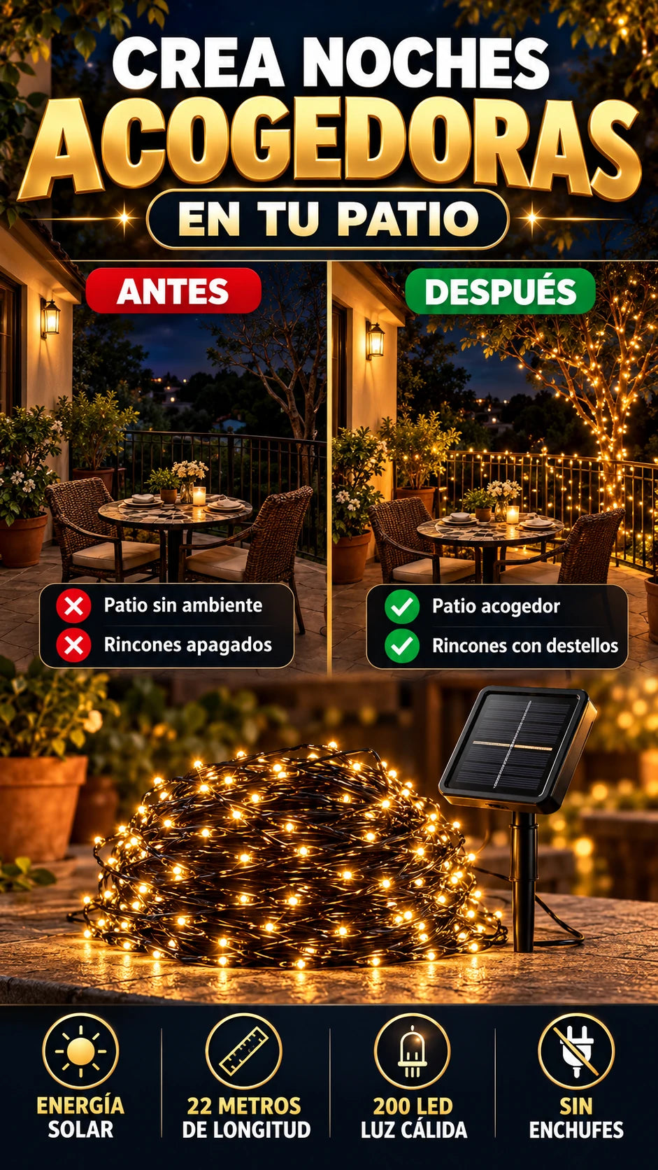Luces Solares Cálidas de 22 Metros y 200 LED — Crea noches acogedoras en tu patio