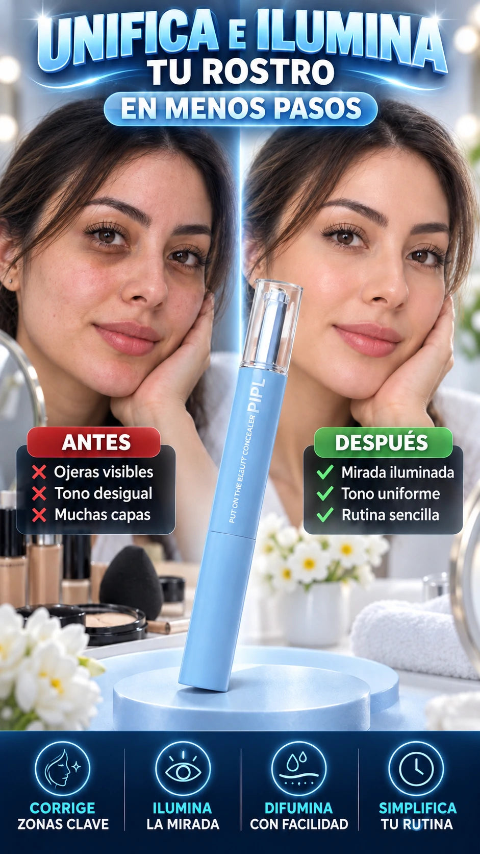 Corrector Líquido PIPL 2 en 1 — Unifica e ilumina tu rostro