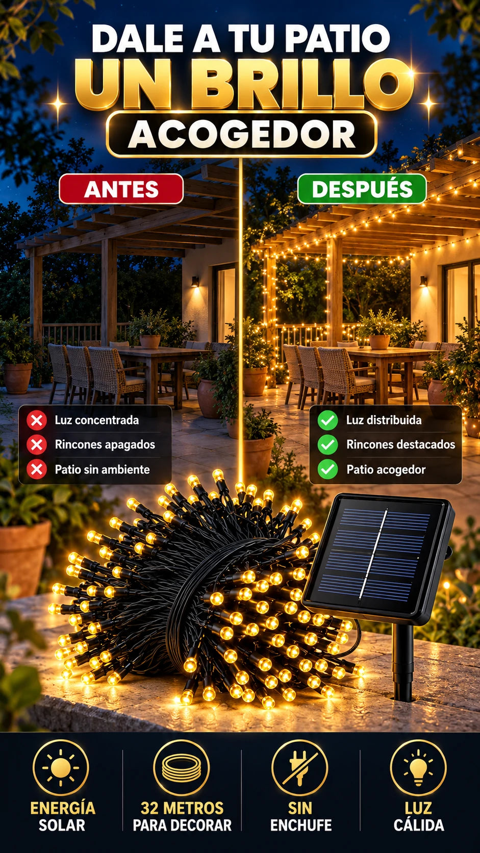 Luces Solares Cálidas de 32 Metros — Dale un ambiente acogedor a tu patio