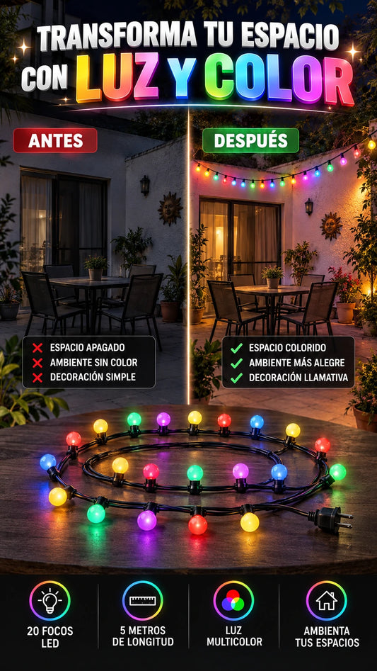 Guirnalda LED de 5 m con 20 focos de colores — Transforma tus espacios con color