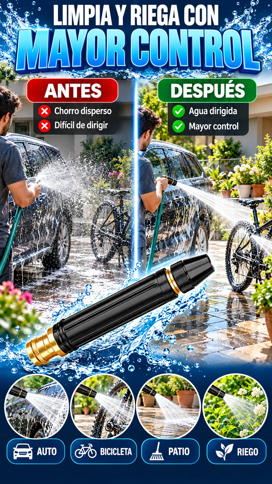 Boquilla para Manguera de Agua — Limpia exteriores con mayor control
