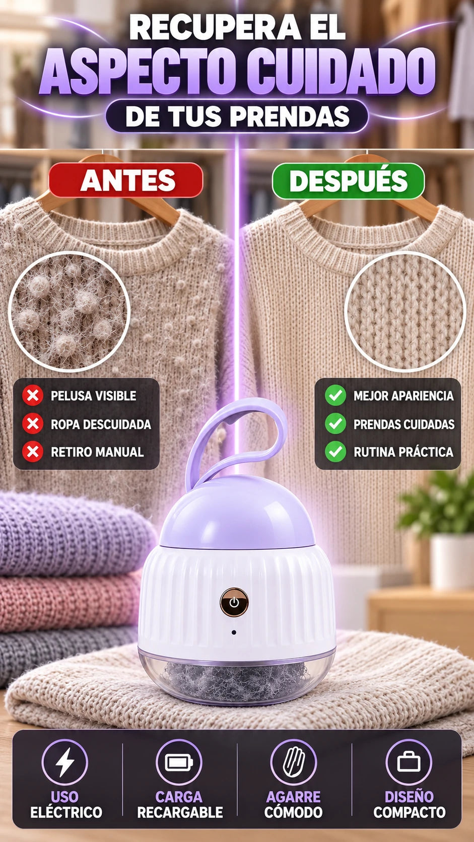 Quitapelusas Eléctrico Recargable — Renueva la apariencia de tus prendas