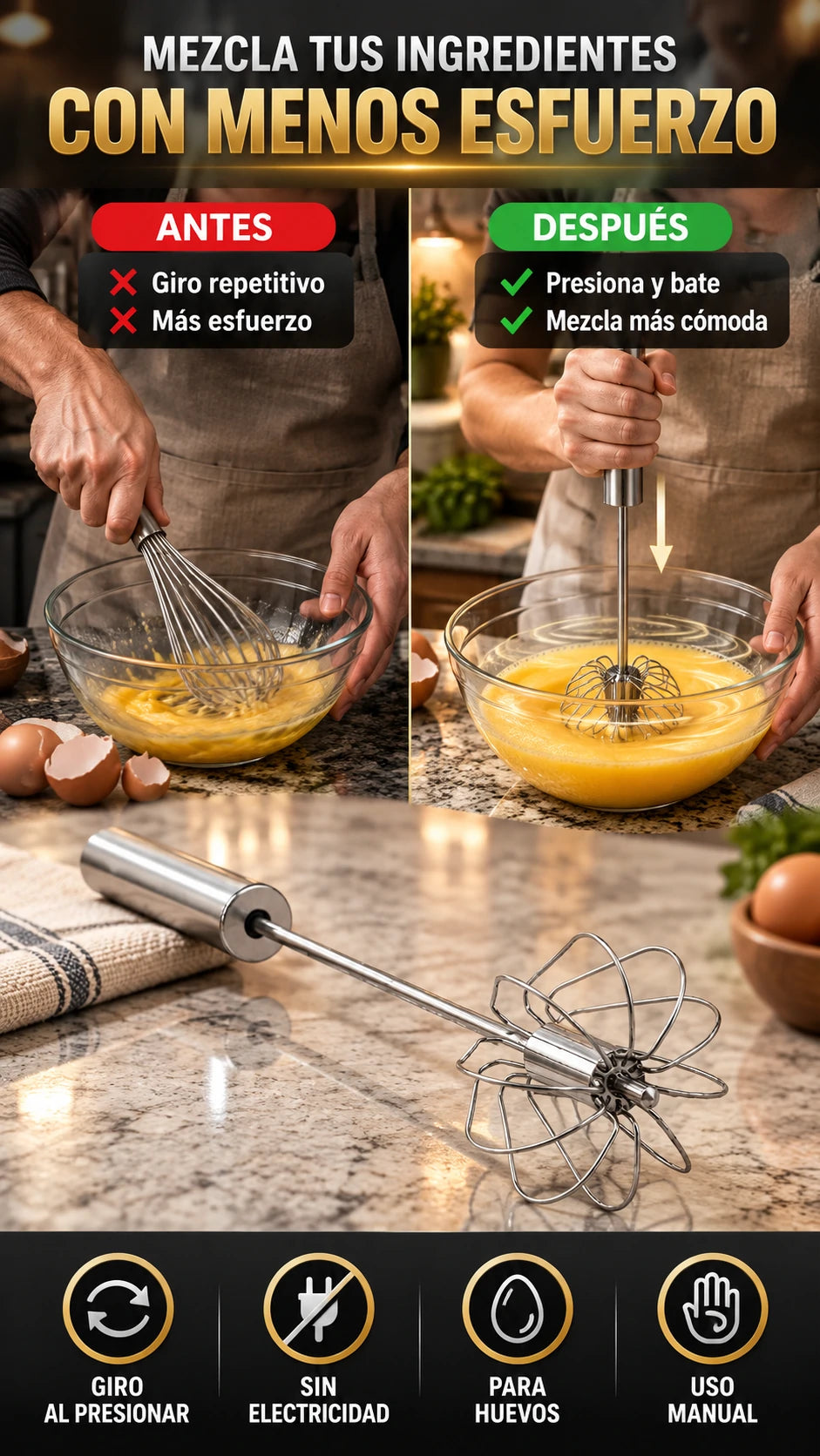 Batidor Giratorio Manual de Acero Inoxidable — Mezcla con menos esfuerzo