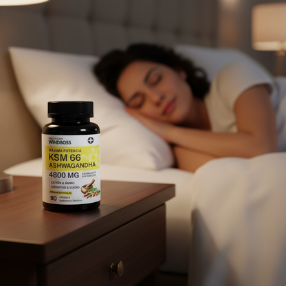 Windboss Cápsulas de Ashwagandha KSM-66 4800mg,  Sin Gluten, No Transgénico, Vegano, con Pimienta Negra para Mejor Absorción, y Apoyo al Sueño - 90 Cápsulas