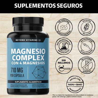 Complejo con 4 magnesios de alta absorción 710 mg | Glicinato de magnesio para nervios, malato para energía, suplemento para apoyar la salud muscular |  60 cápsulas