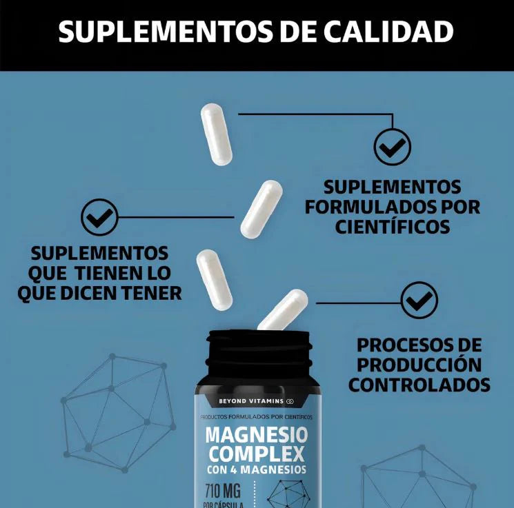 Complejo con 4 magnesios de alta absorción 710 mg | Glicinato de magnesio para nervios, malato para energía, suplemento para apoyar la salud muscular |  60 cápsulas