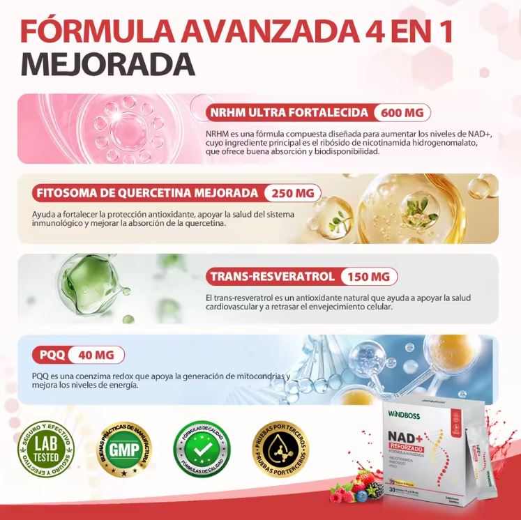 Windboss Suplemento líquido de NAD+ | Versión en sobres | 30 unidades | Parte de una rutina diaria para el bienestar y energía natural