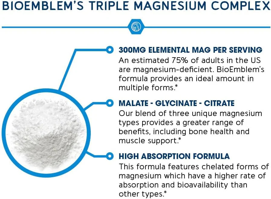 BioEmblem Complejo triple de magnesio de alta absorción 300 mg | Glicinato de magnesio para nervios, malato para energía, suplemento para apoyar la salud muscular |  90cápsulas