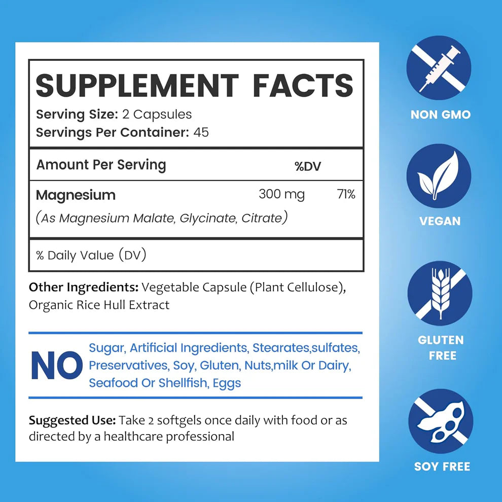 BioEmblem Complejo triple de magnesio de alta absorción 300 mg | Glicinato de magnesio para nervios, malato para energía, suplemento para apoyar la salud muscular |  90cápsulas