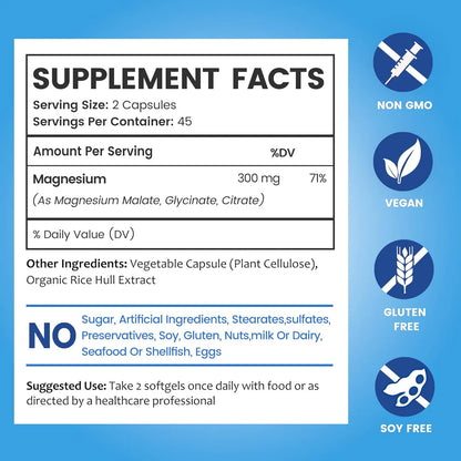 BioEmblem Complejo triple de magnesio de alta absorción 300 mg | Glicinato de magnesio para nervios, malato para energía, suplemento para apoyar la salud muscular |  90cápsulas