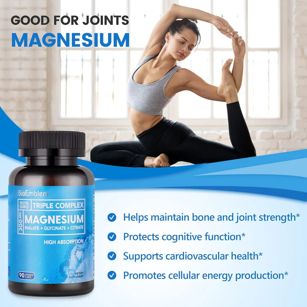 BioEmblem Complejo triple de magnesio de alta absorción 300 mg | Glicinato de magnesio para nervios, malato para energía, suplemento para apoyar la salud muscular |  90cápsulas