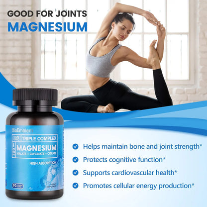 BioEmblem Complejo triple de magnesio de alta absorción 300 mg | Glicinato de magnesio para nervios, malato para energía, suplemento para apoyar la salud muscular |  90cápsulas