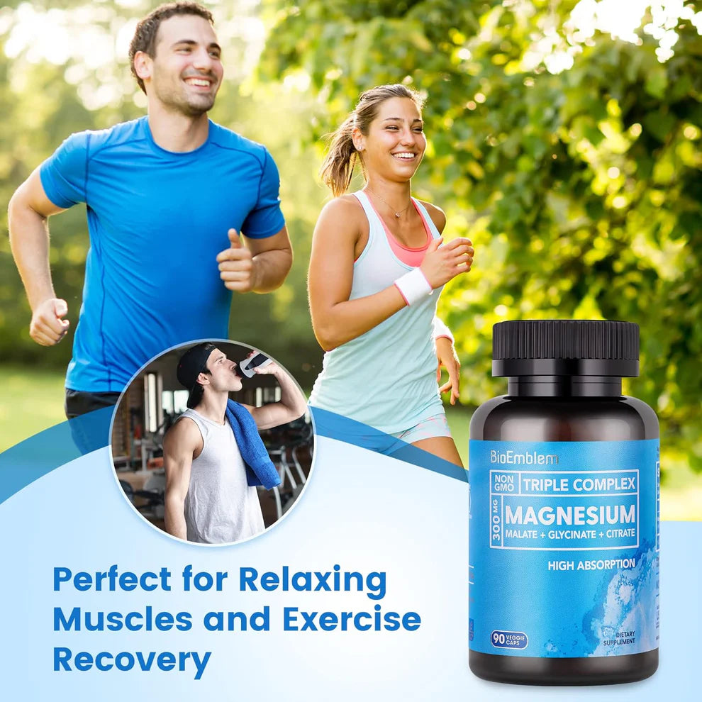 BioEmblem Complejo triple de magnesio de alta absorción 300 mg | Glicinato de magnesio para nervios, malato para energía, suplemento para apoyar la salud muscular |  90cápsulas