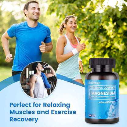 BioEmblem Complejo triple de magnesio de alta absorción 300 mg | Glicinato de magnesio para nervios, malato para energía, suplemento para apoyar la salud muscular |  90cápsulas