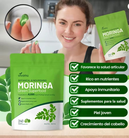 Cápsulas de Moringa - Polvo Puro de Moringa Superalimento para el metabolismo, energía, salud de la piel, inmunidad y salud intestinal. Rico en antioxidantes, fomenta el sueño.