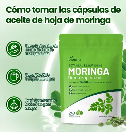 Cápsulas de Moringa - Polvo Puro de Moringa Superalimento para el metabolismo, energía, salud de la piel, inmunidad y salud intestinal. Rico en antioxidantes, fomenta el sueño.