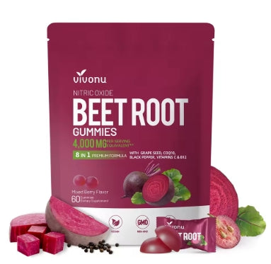 Vivonu Super Beetroot Gummies 8-en-1 Suplemento energético premium con coenzima Q10, extracto de remolacha, extracto de semilla de uva, extracto de pimienta negra, vitaminas C y B12, L-arginina y L-citrulina