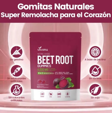 Vivonu Super Beetroot Gummies 8-en-1 Suplemento energético premium con coenzima Q10, extracto de remolacha, extracto de semilla de uva, extracto de pimienta negra, vitaminas C y B12, L-arginina y L-citrulina