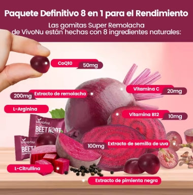 Vivonu Super Beetroot Gummies 8-en-1 Suplemento energético premium con coenzima Q10, extracto de remolacha, extracto de semilla de uva, extracto de pimienta negra, vitaminas C y B12, L-arginina y L-citrulina