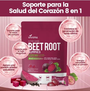 Vivonu Super Beetroot Gummies 8-en-1 Suplemento energético premium con coenzima Q10, extracto de remolacha, extracto de semilla de uva, extracto de pimienta negra, vitaminas C y B12, L-arginina y L-citrulina