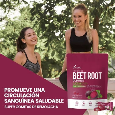 Vivonu Super Beetroot Gummies 8-en-1 Suplemento energético premium con coenzima Q10, extracto de remolacha, extracto de semilla de uva, extracto de pimienta negra, vitaminas C y B12, L-arginina y L-citrulina