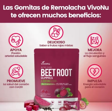 Vivonu Super Beetroot Gummies 8-en-1 Suplemento energético premium con coenzima Q10, extracto de remolacha, extracto de semilla de uva, extracto de pimienta negra, vitaminas C y B12, L-arginina y L-citrulina