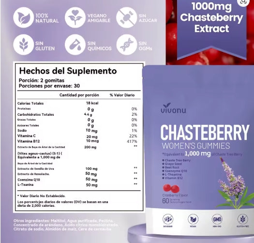 Vivonu Vitex Suplemento de Azazaña para Mujer, Extracto de Sauza 1000 mg, contiene semillas de uva, coenzima Q10 vitamina B12 y otros productos para el equilibrio hormonal para aliviar los calambres menstruales