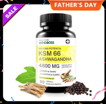 Windboss Cápsulas de Ashwagandha KSM-66 4800mg,  Sin Gluten, No Transgénico, Vegano, con Pimienta Negra para Mejor Absorción, y Apoyo al Sueño - 90 Cápsulas