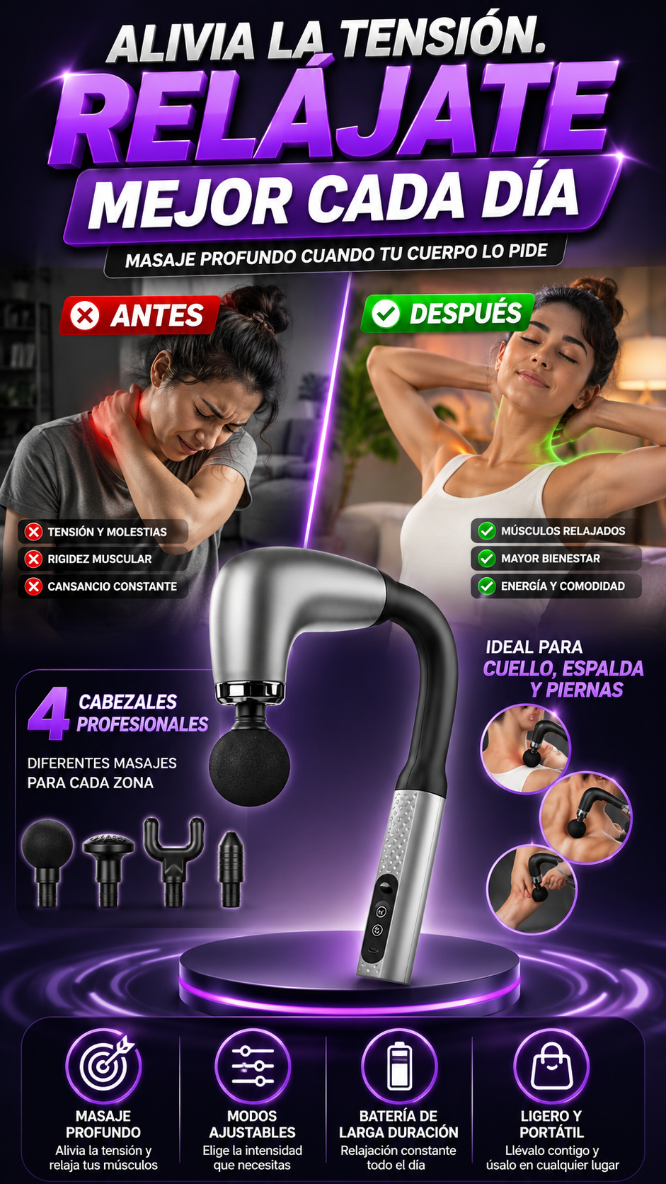 Masajeador Percusivo Multifunción con 4 Cabezales — Relaja músculos con mayor comodidad