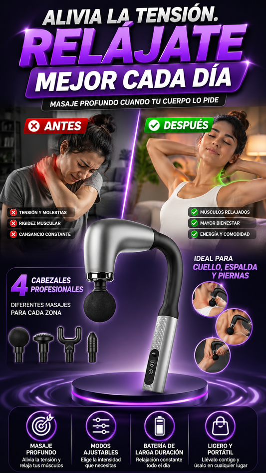 Masajeador Percusivo Multifunción con 4 Cabezales — Relaja músculos con mayor comodidad