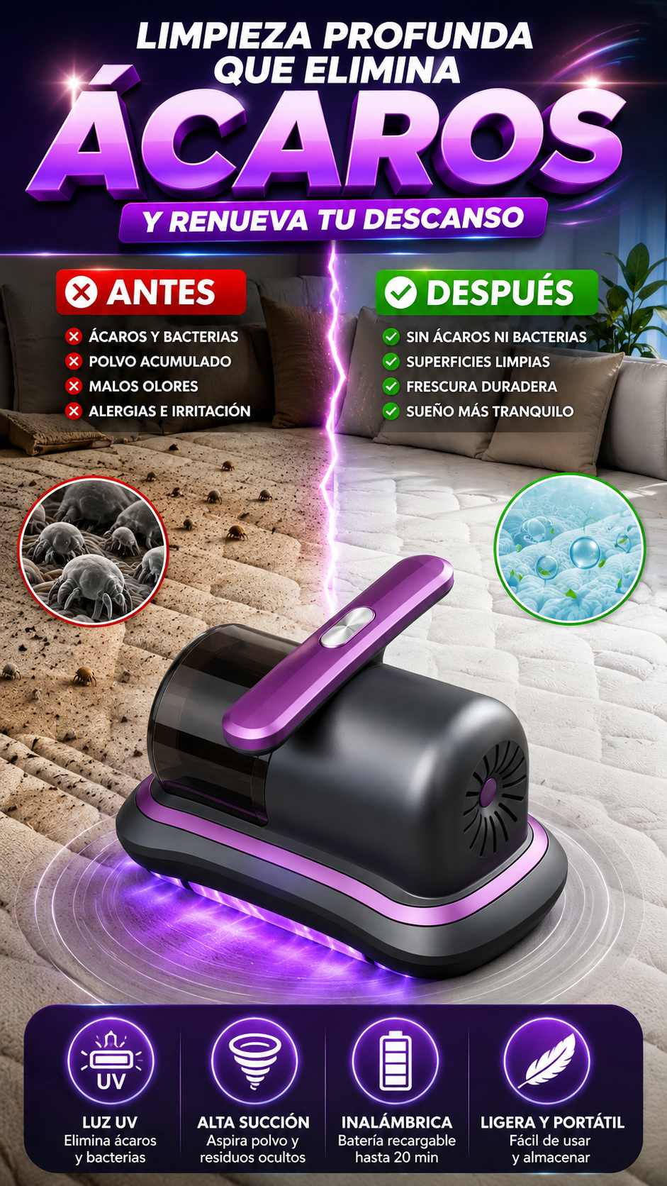 Aspiradora Antiácaros Inalámbrica con Luz UV — Limpia camas y sofás fácilmente