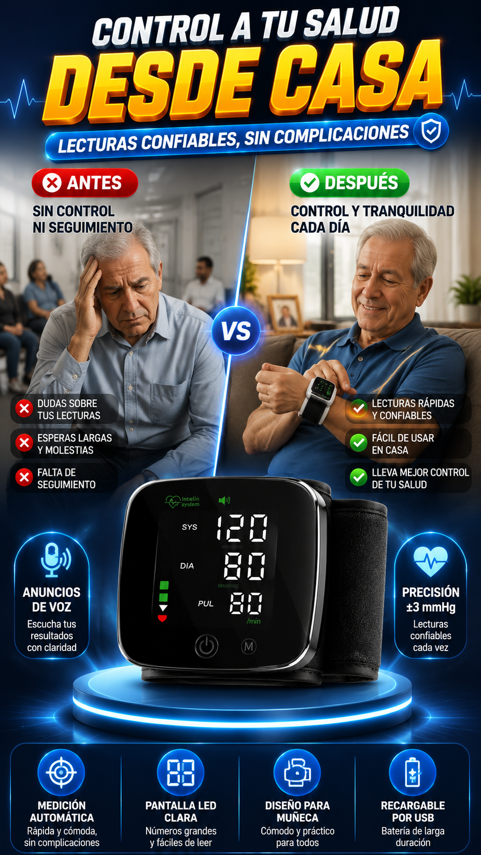 Monitor Digital de Presión Arterial de Muñeca — Controla tus lecturas desde casa