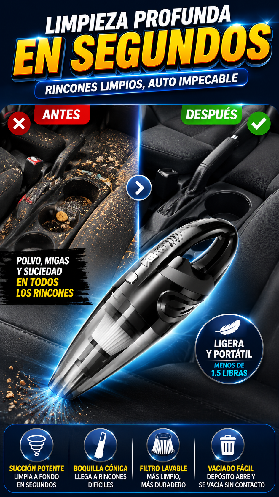 Aspiradora Portátil de Mano para Auto — Limpia rincones difíciles con facilidad