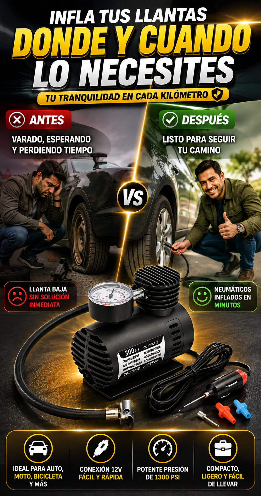 Mini Compresor de Aire Portátil 12V — Infla neumáticos donde lo necesites