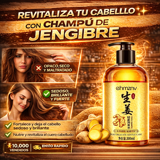 champú de jengibre de la marca Ehmznv, diseñado para ofrecer un cuidado suave y dejar el cabello sedoso.