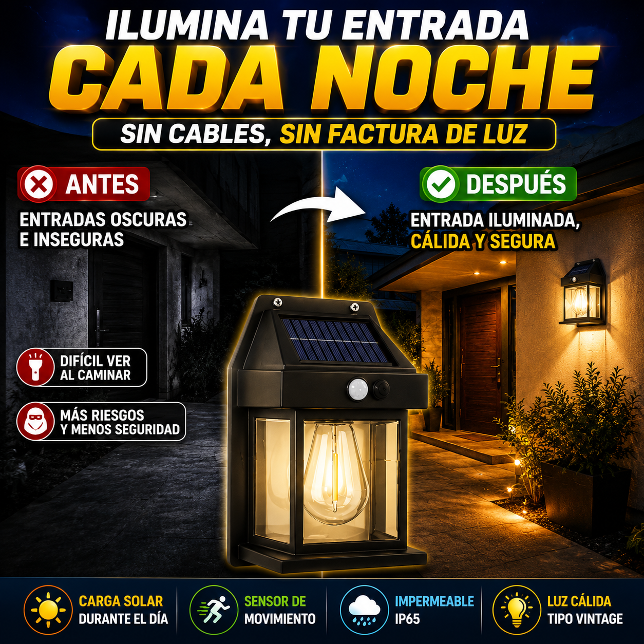 Lámpara Solar de Pared 3 Modos — Ilumina exteriores sin cableado