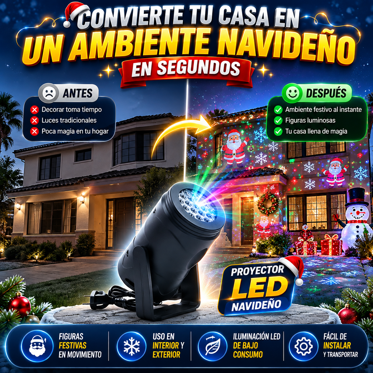 Proyector LED Navideño — Decora espacios con luces festivas