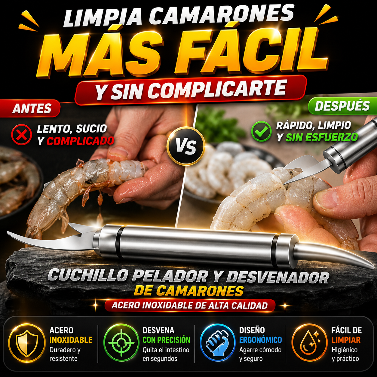 Cuchillo Pelador y Desvenador de Camarones — Limpia camarones con mayor facilidad