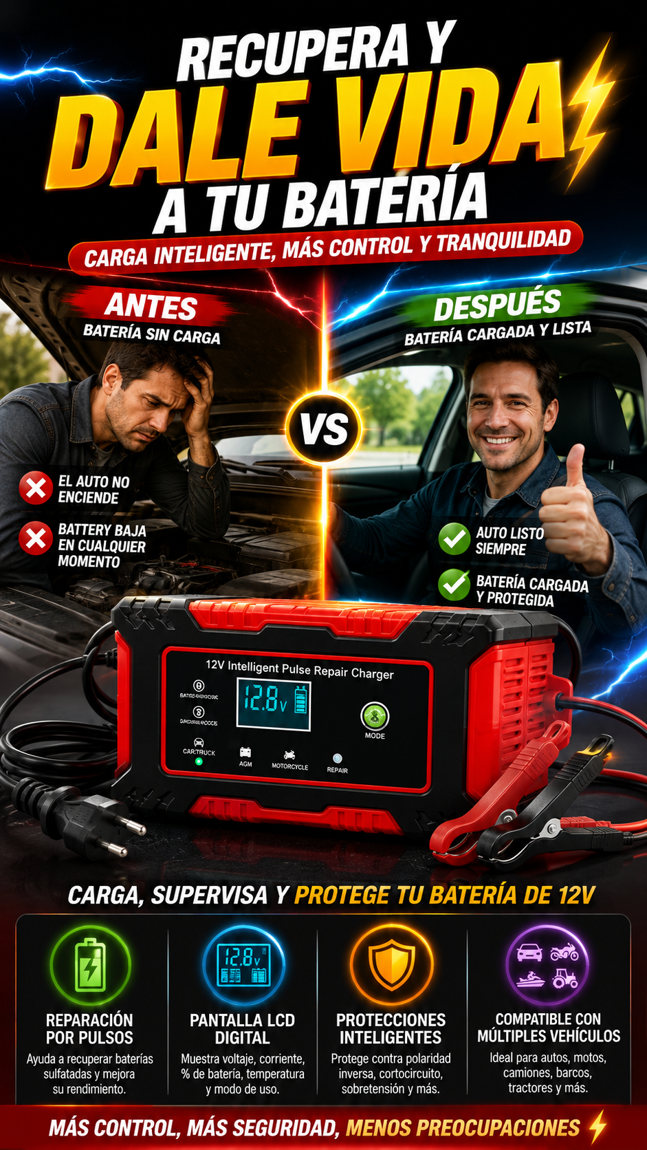 Cargador Inteligente de Batería 12V — Recarga y supervisa con facilidad